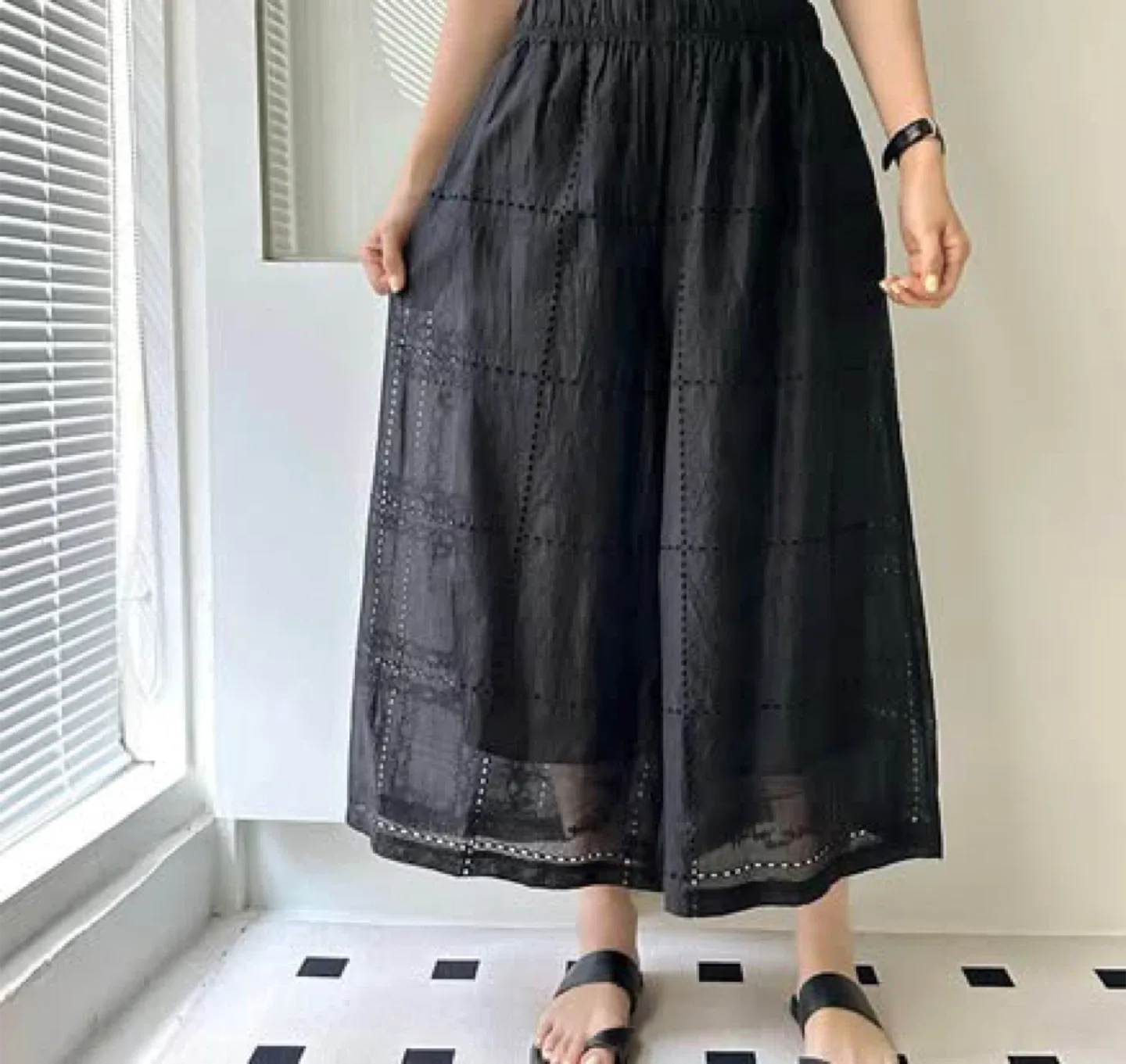 100% New Korean Black Embroidered Wide Leg Pants thumbnail