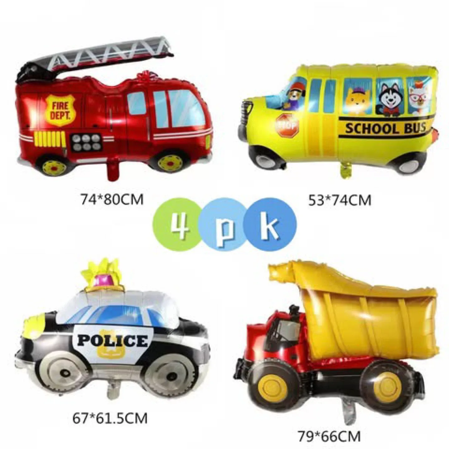 4PK Vehicle Foil Balloon (Fire, School Bus, Police Car, Truck) thumbnail