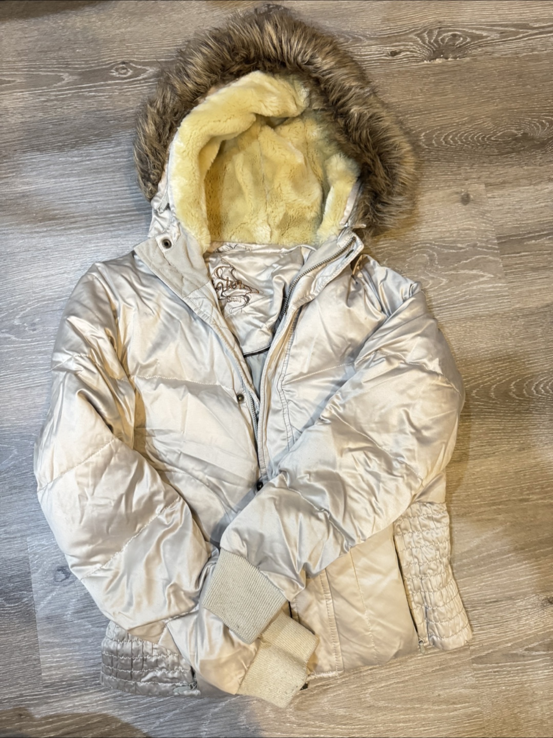 Silver Puffer Jacket with Fur Hood