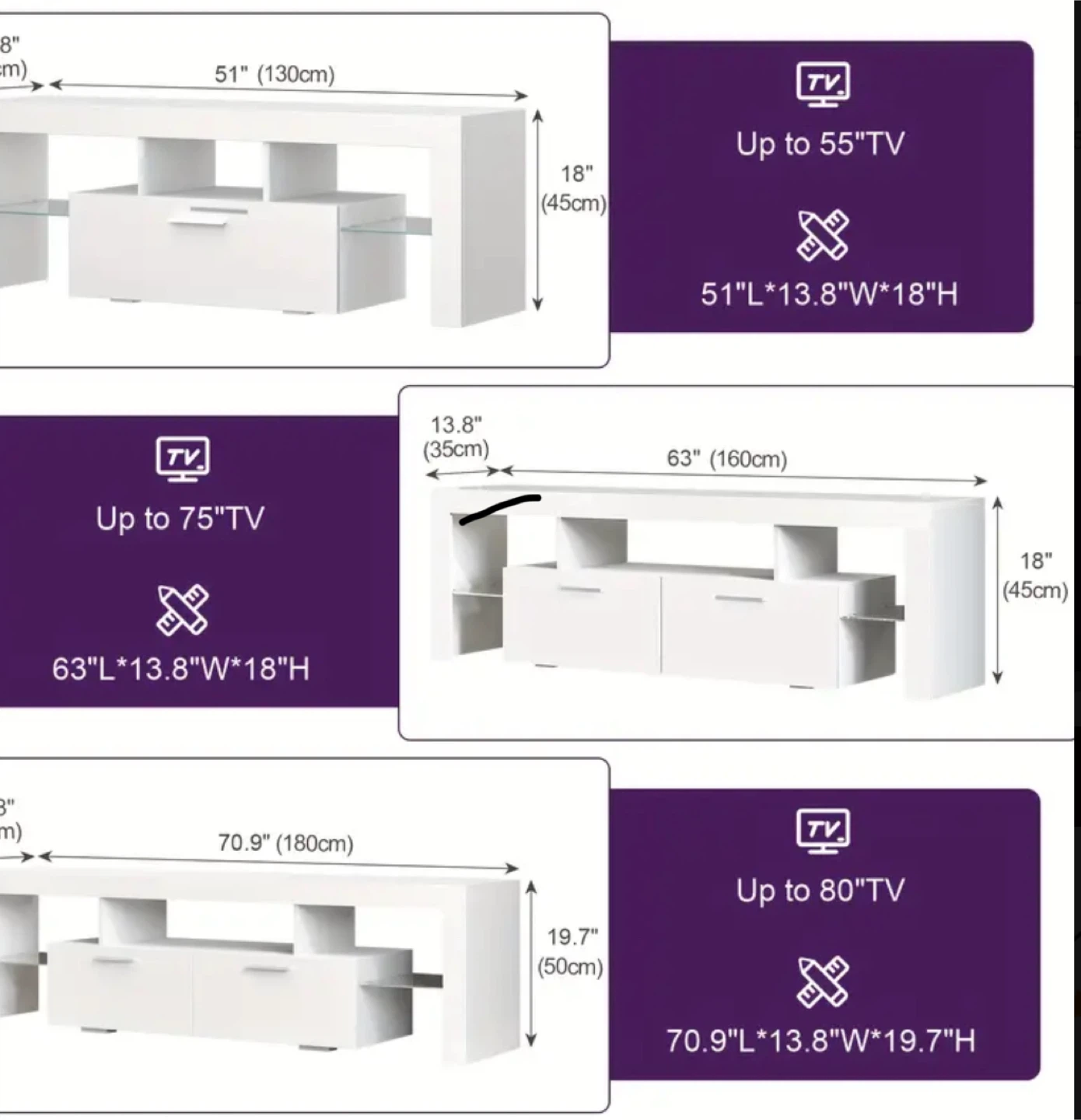 White TV Stand with LED Lights, 51-70.9 inch - photo 3