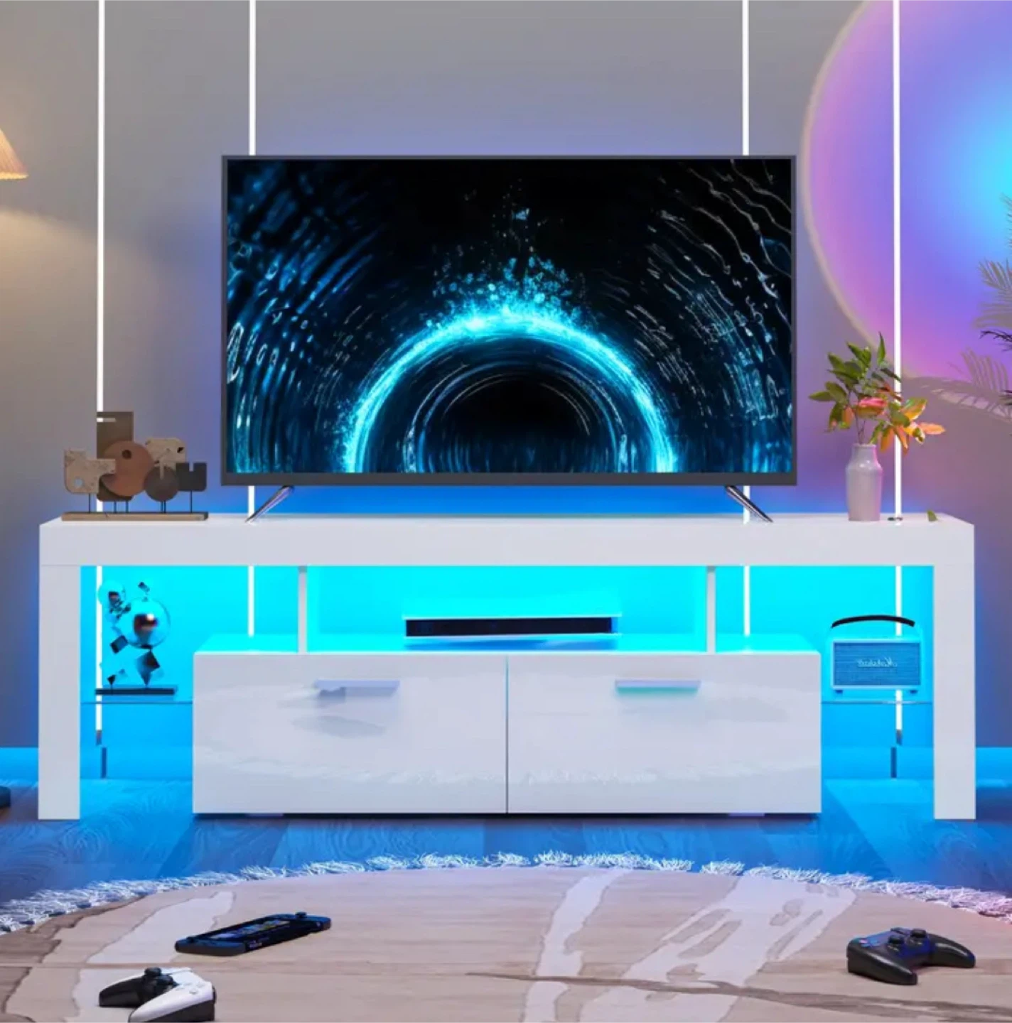 White TV Stand with LED Lights, 51-70.9 inch
