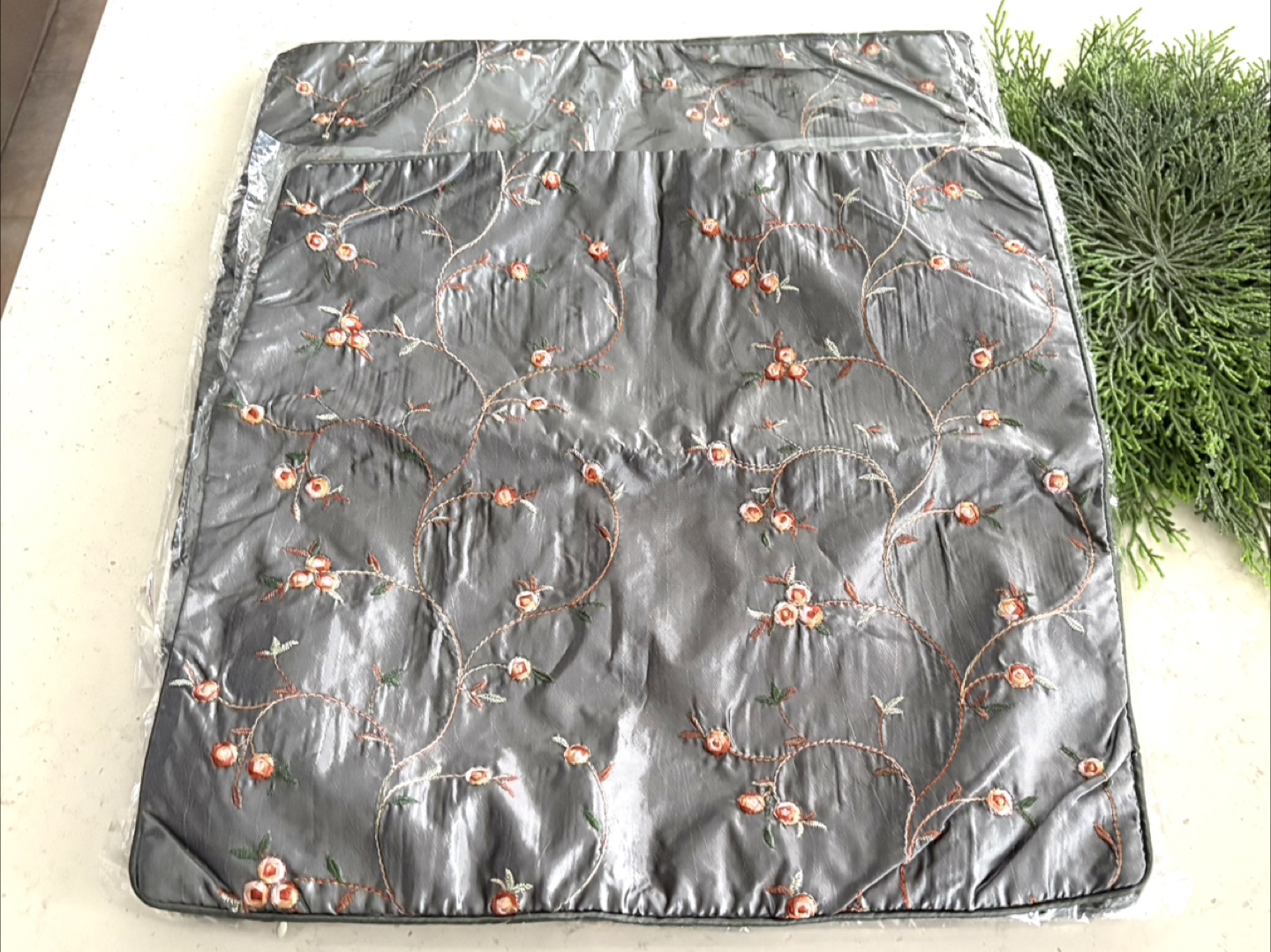 4 Floral Embroidered Pillow Cover, Grey