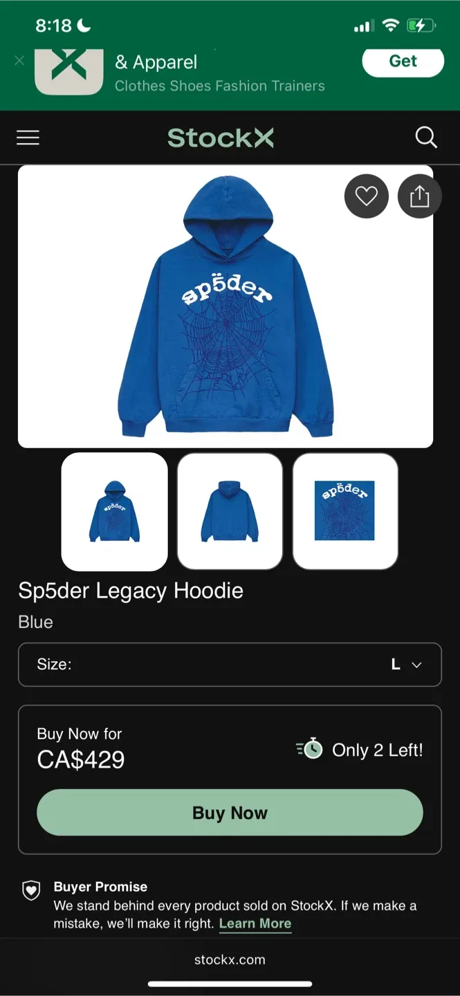 Sp5der Legacy Hoodie - Blue, Size L thumbnail