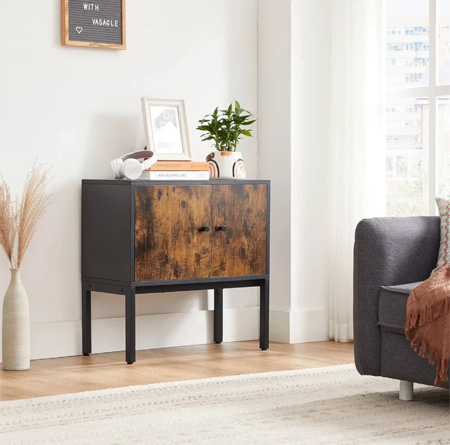 VASAGLE Side Cabinet, Brown/Black image indicator(5)