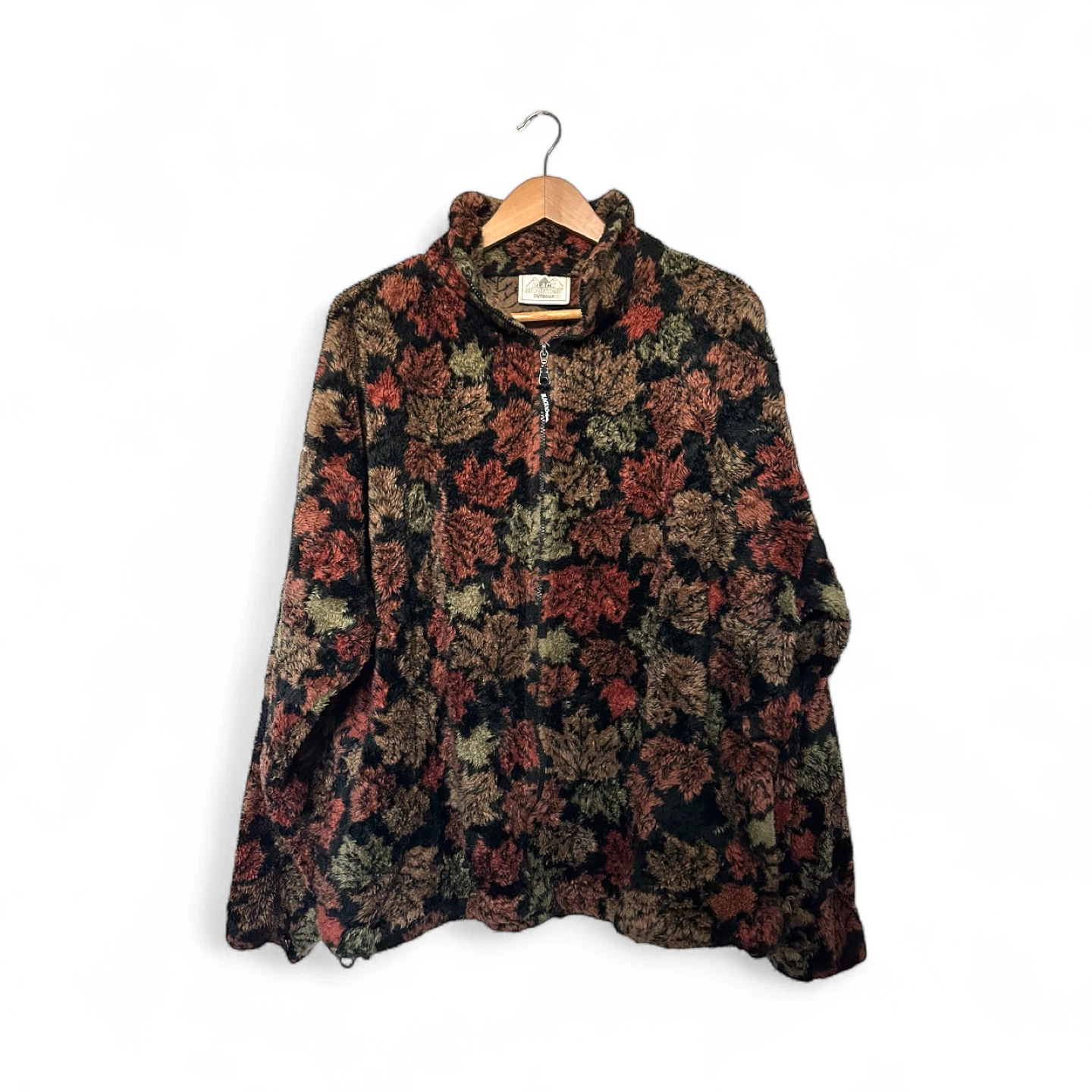 Vintage Fleece Fall Jacket Black Mountain Cozy Leaf Pattern