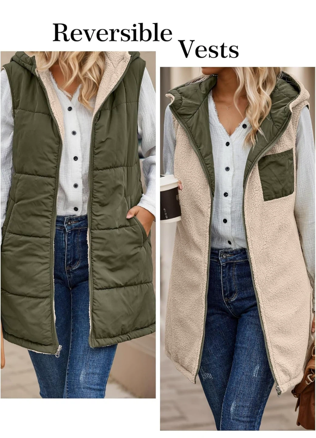 NEW! Reversible Sherpa Hooded Vest - Olive Green & Beige - photo 4