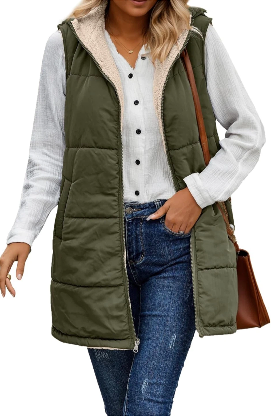 NEW! Reversible Sherpa Hooded Vest - Olive Green & Beige
