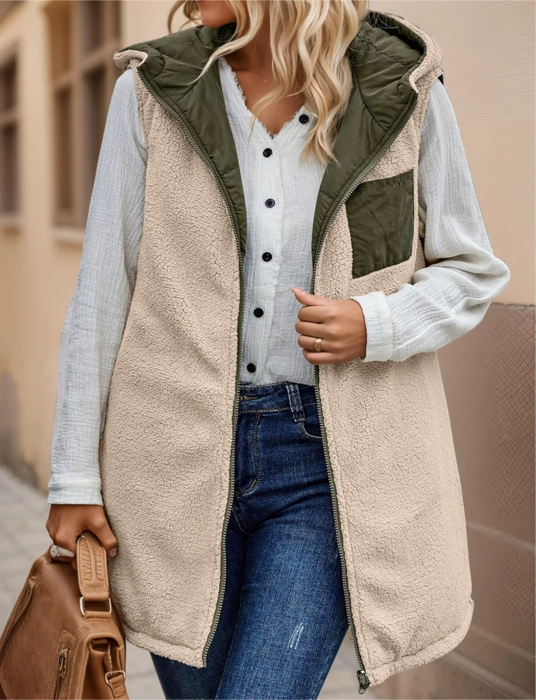 NEW! Reversible Sherpa Hooded Vest - Olive Green & Beige - photo 3