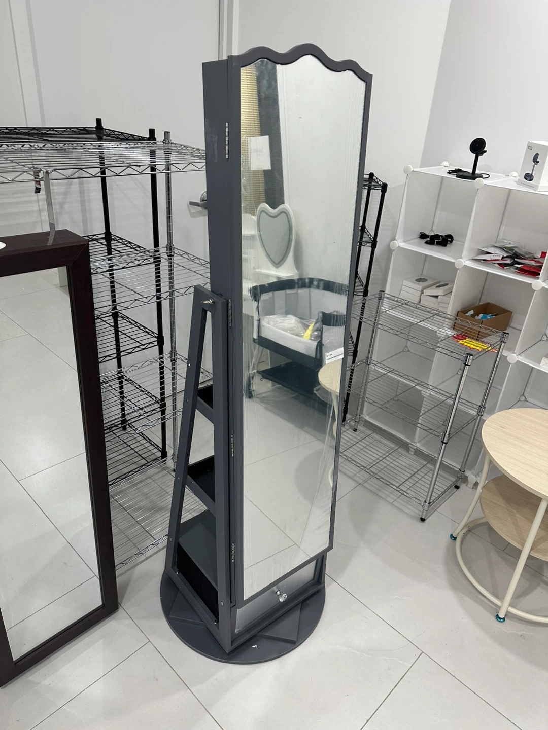 Grey Swivel Mirrored Jewelry Armoire
