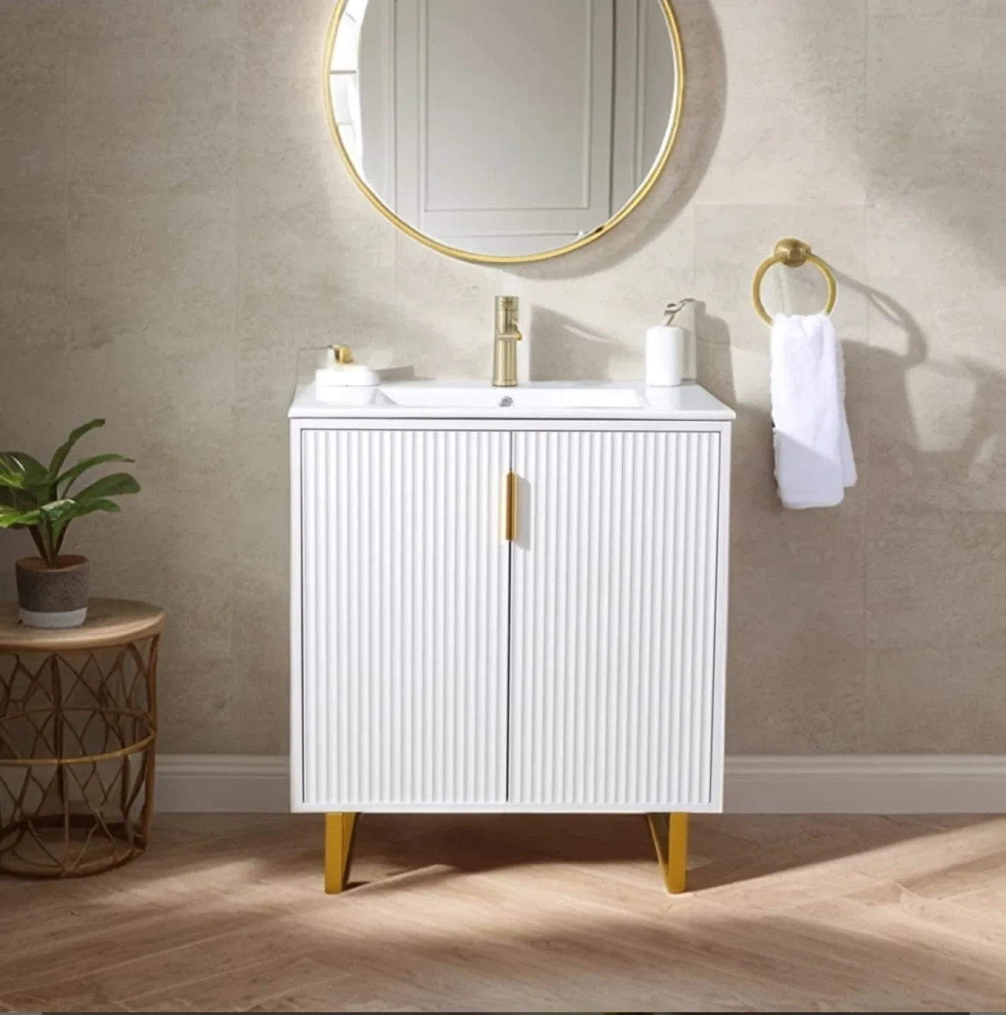 White Bathroom Vanity with Gold Accents image indicator(5)