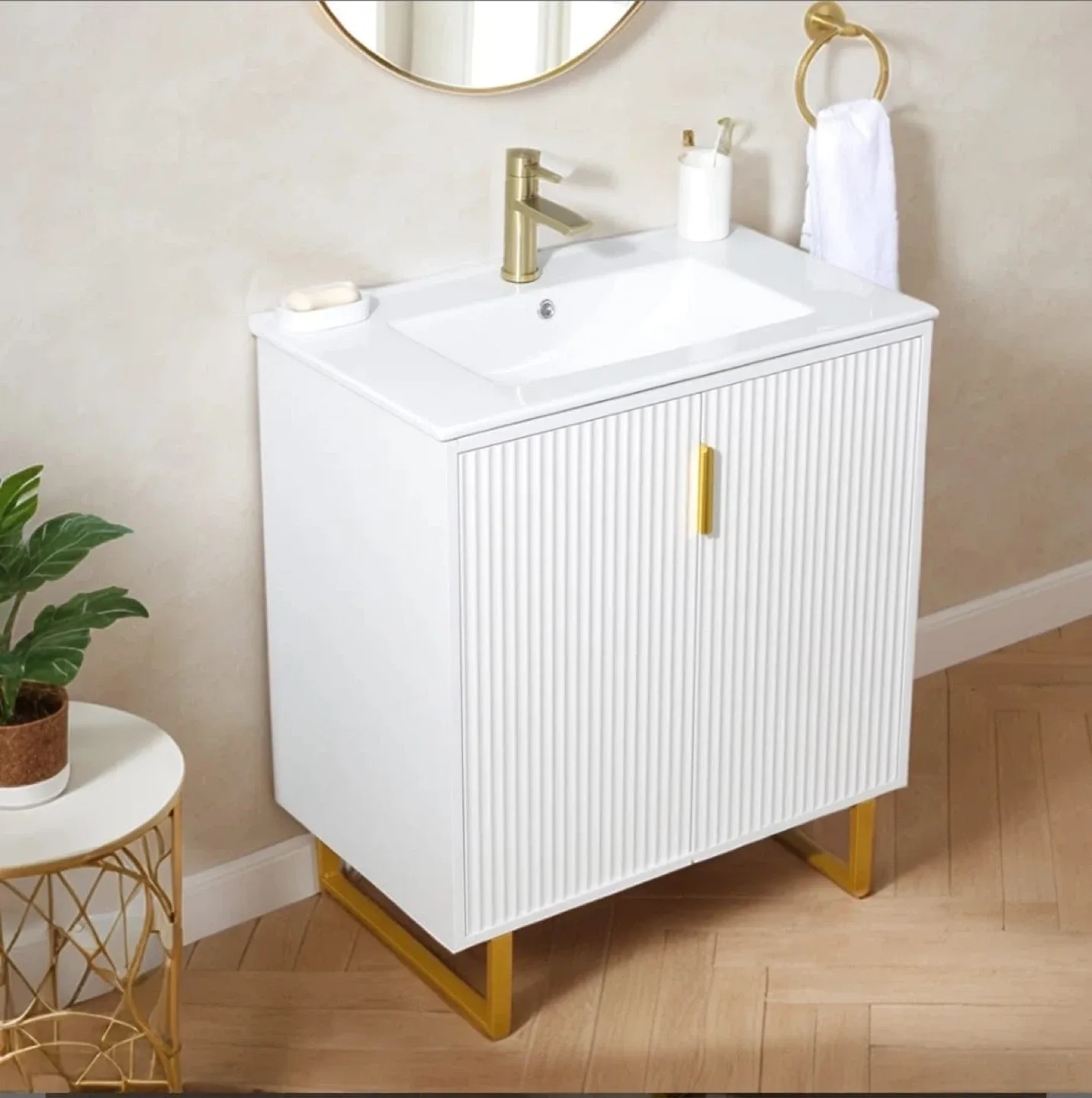 White Bathroom Vanity with Gold Accents thumbnail