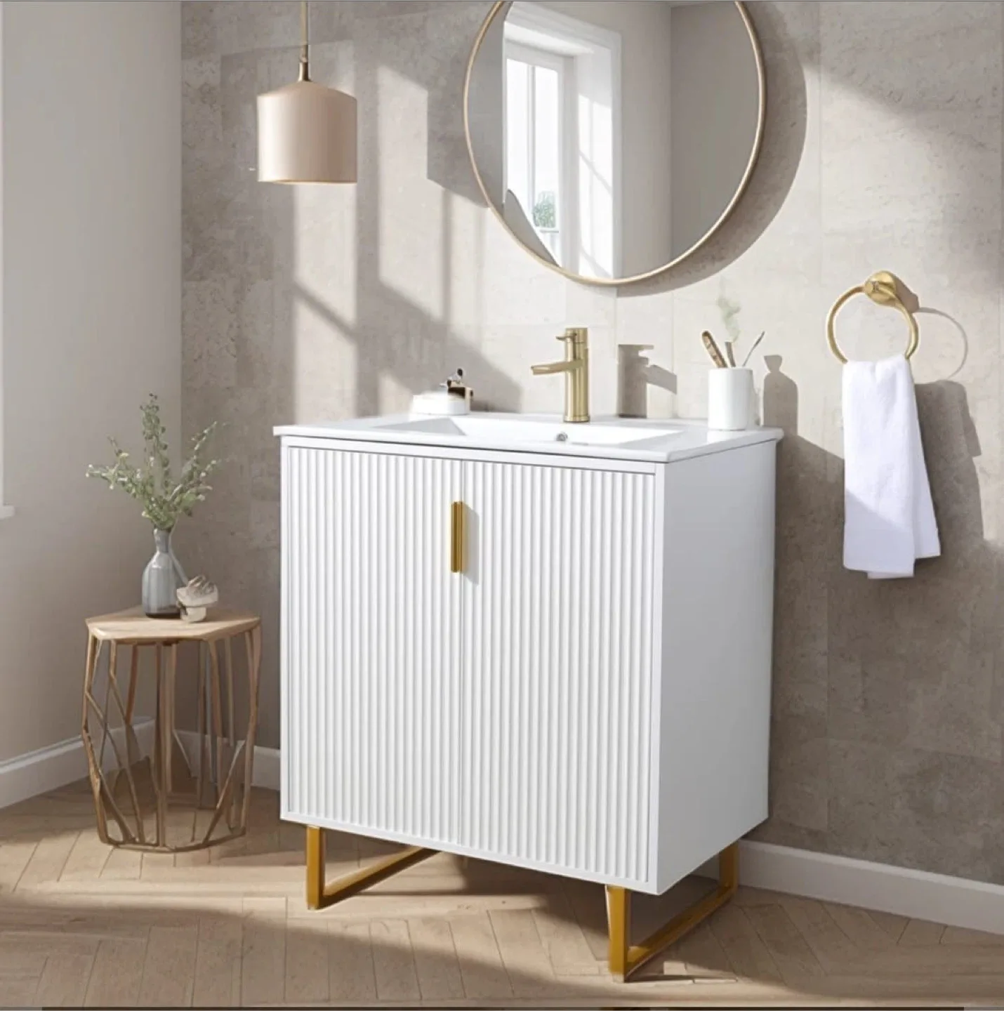 White Bathroom Vanity with Gold Accents image indicator(3)
