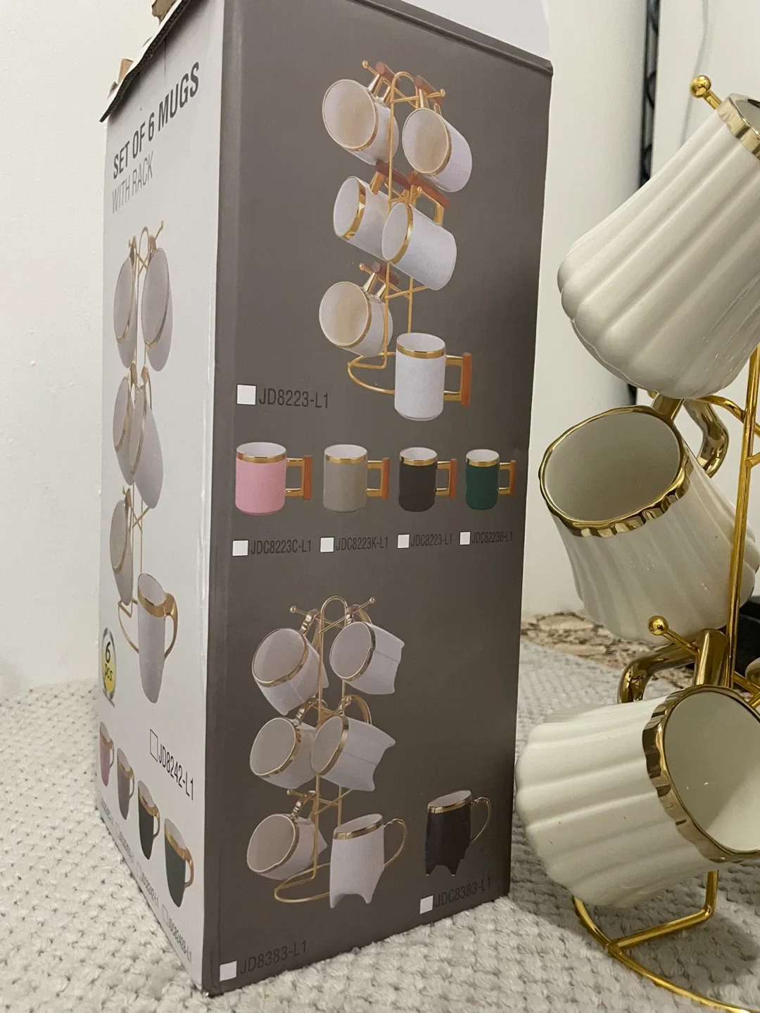 Set of 6 Mugs with Rack - White and Gold image indicator(3)