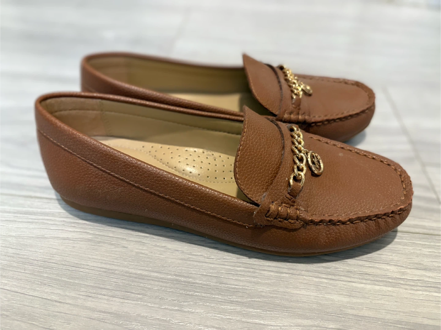 Michael Kors Brown Leather Loafers with Chain Detail