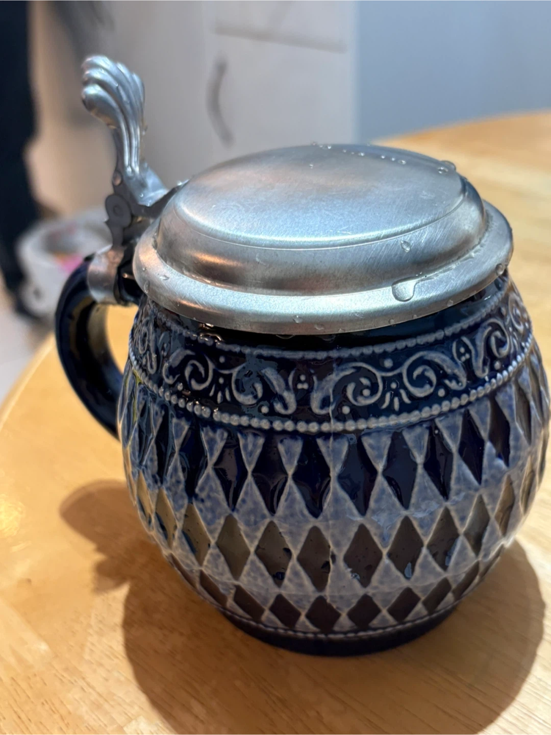 Vintage Ceramic Beer Stein with Pewter Lid