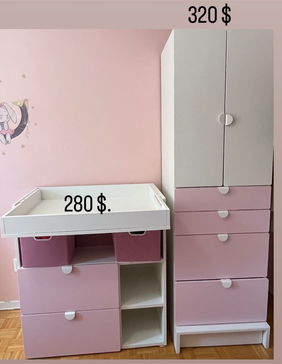 Baby Changing Table & Wardrobe Set - Pink & White