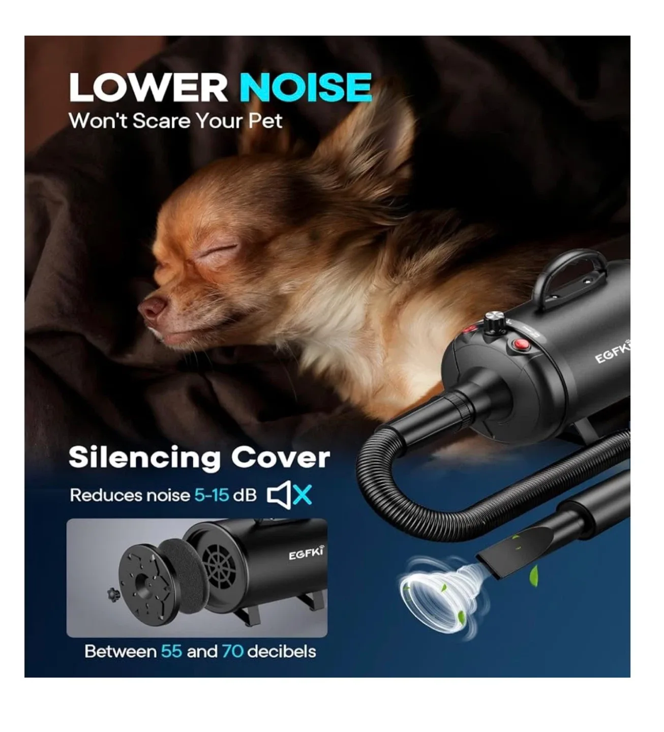 EGFKI Dog Dryer, 5.2HP/3800W Pet Grooming Blower image indicator(3)