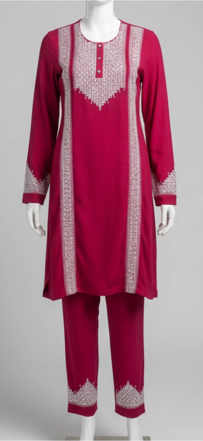 Pink  Embroidered Kurti Pant Suit image indicator(2)