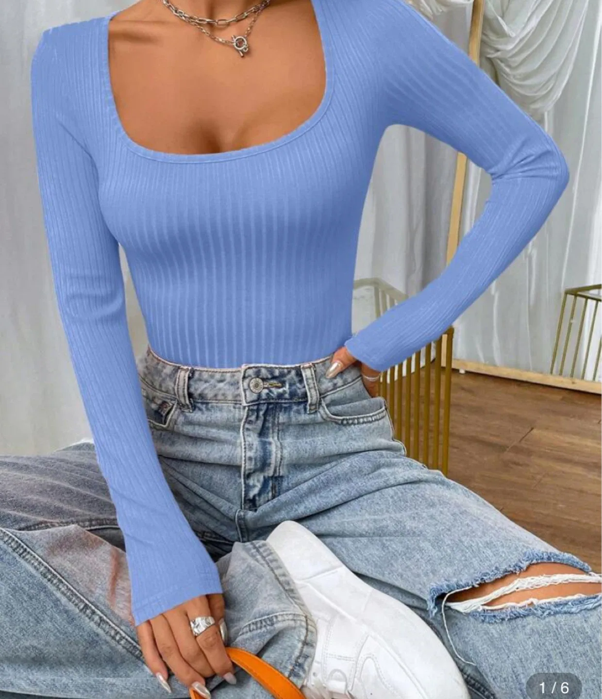 Blue Ribbed Long Sleeve Top thumbnail
