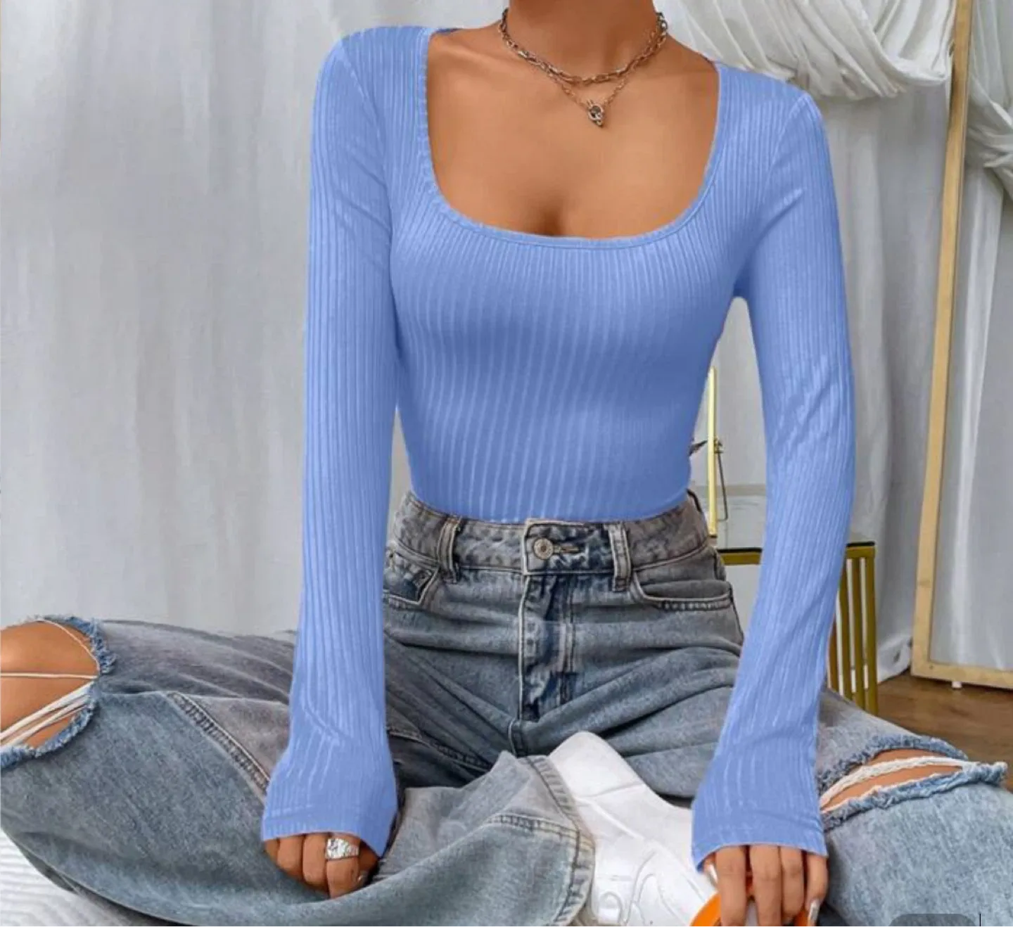Blue Ribbed Long Sleeve Top image indicator(4)