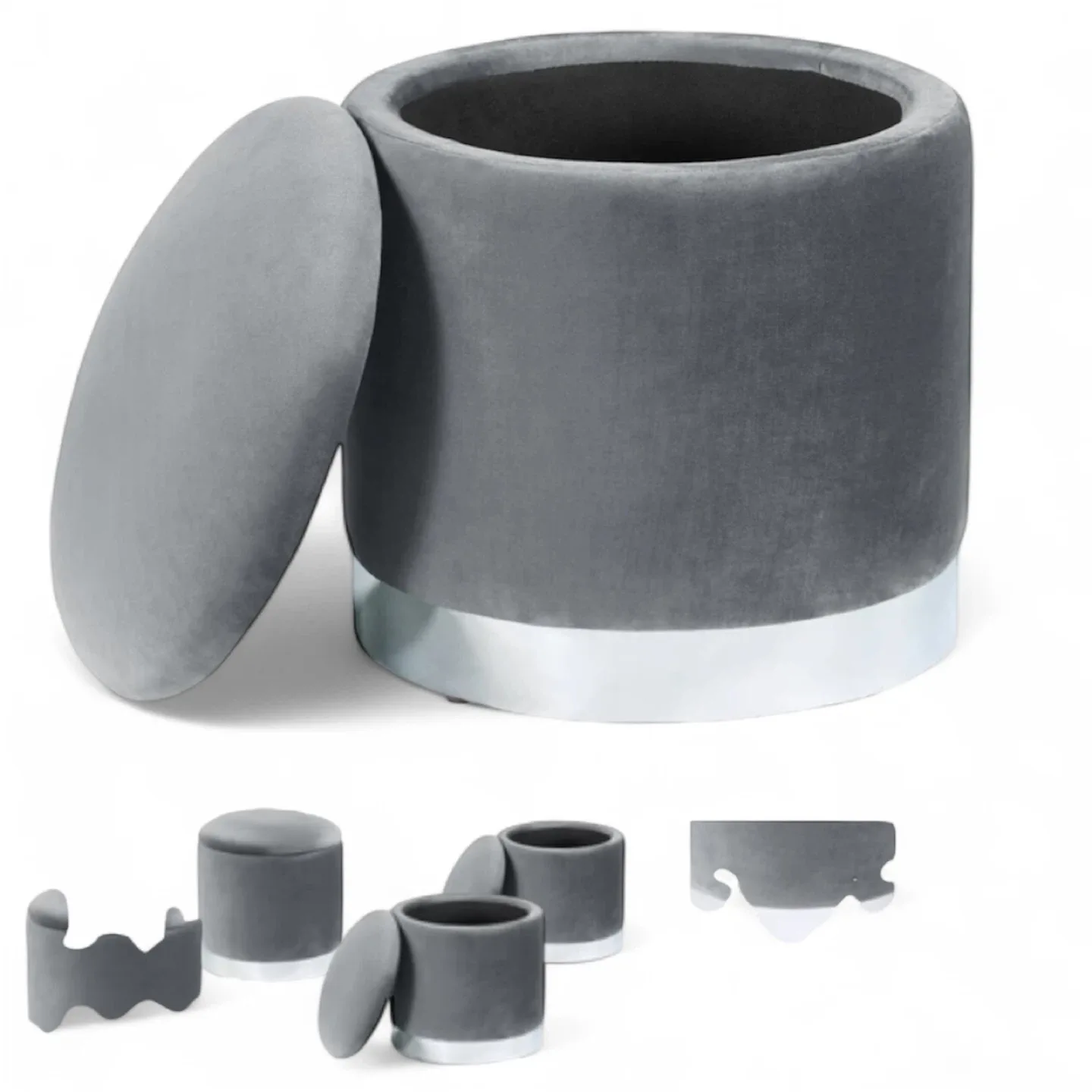 2 Grey Velvet Storage Ottoman Stool image indicator(2)