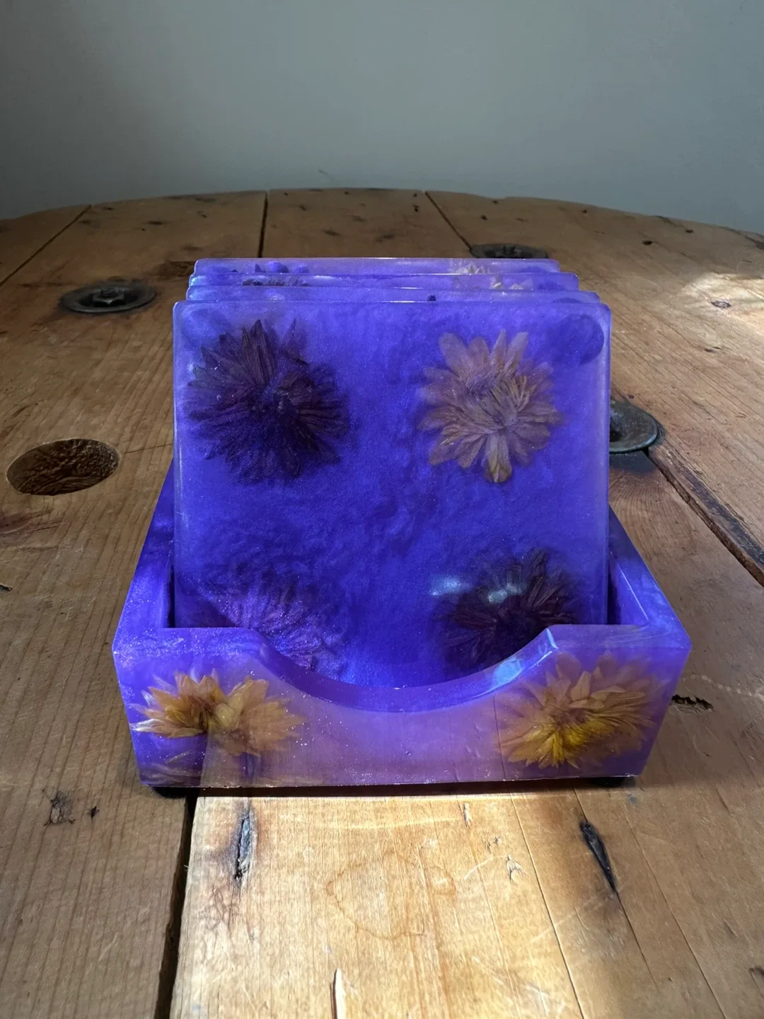 Handmade Purple Resin Coaster Set with Holder thumbnail