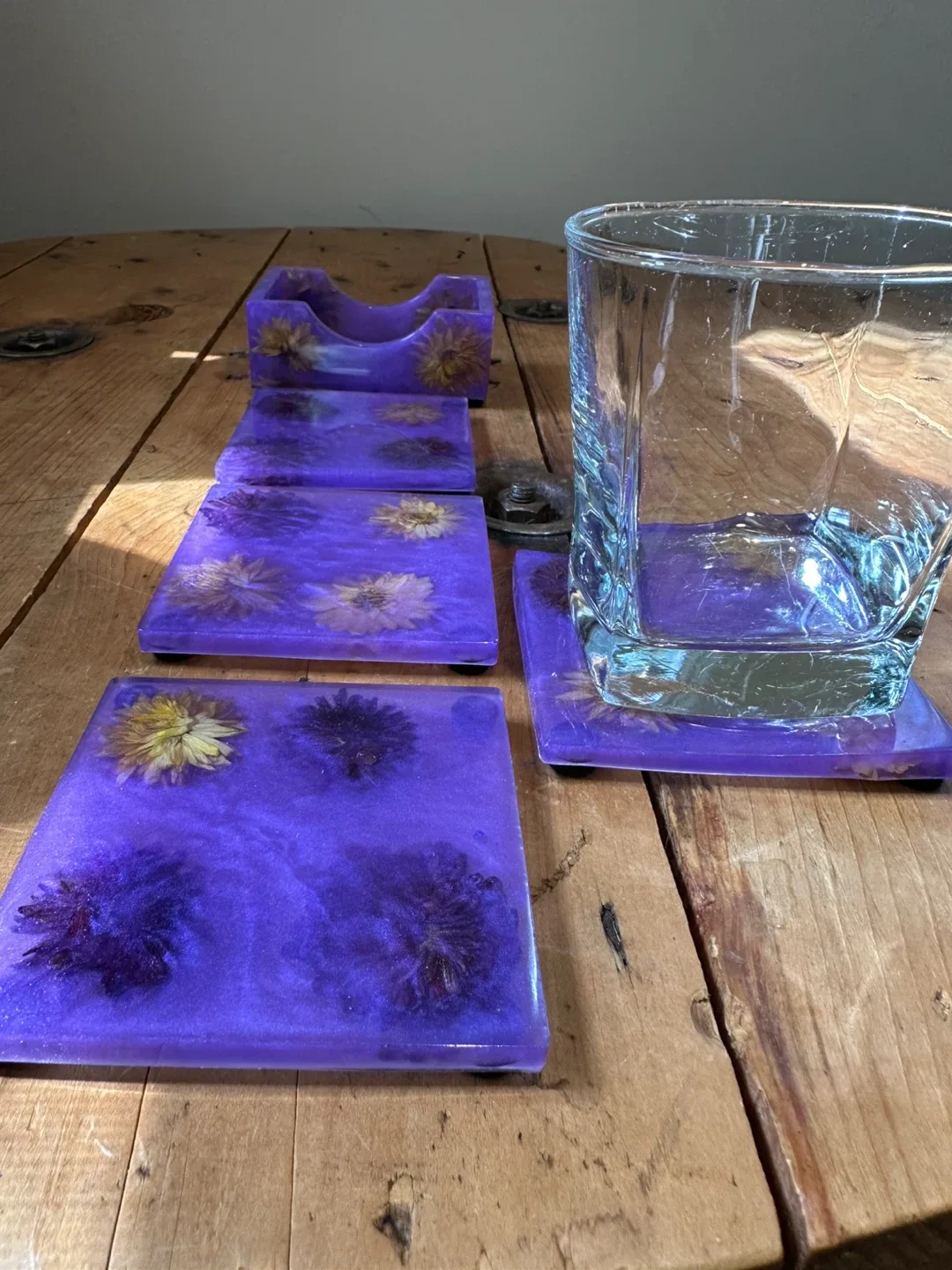 Handmade Purple Resin Coaster Set with Holder image indicator(2)