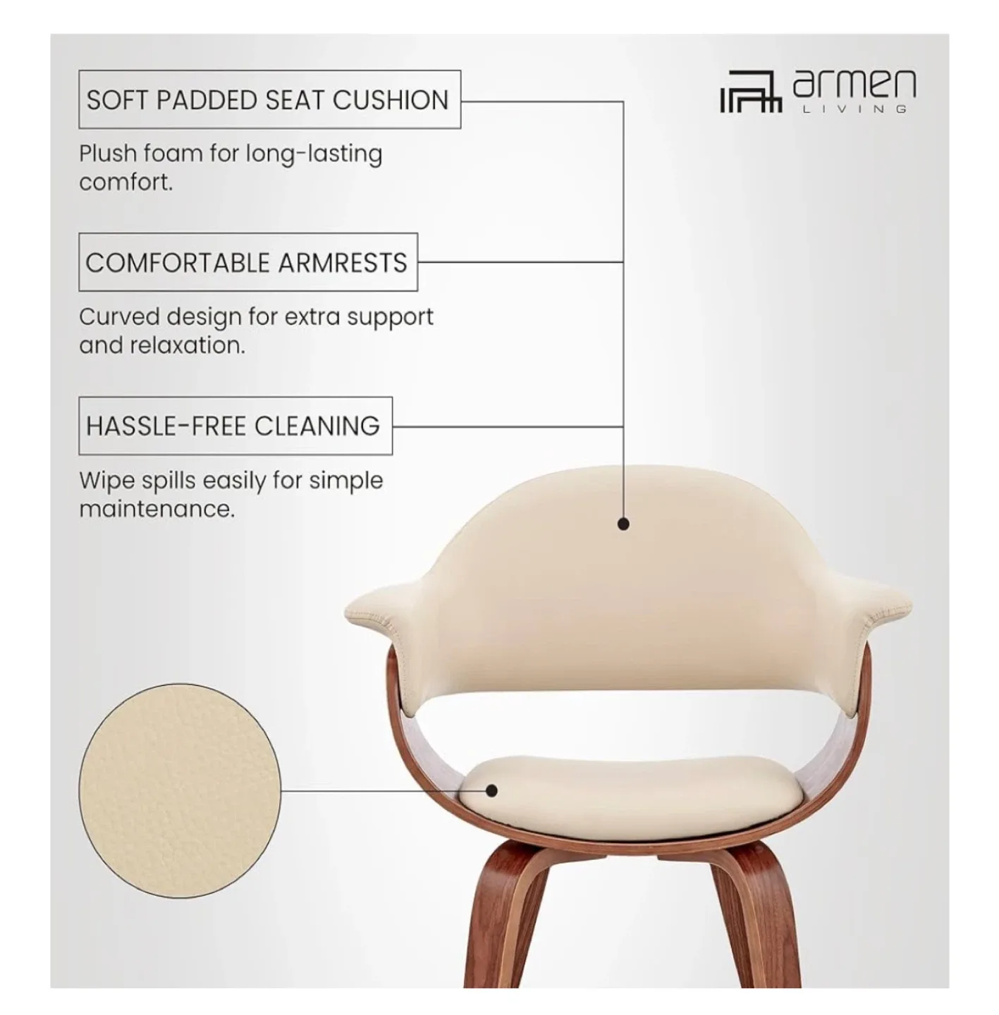 Armen Living Adalyn Faux Accent Chair, Cream/Walnut image indicator(3)