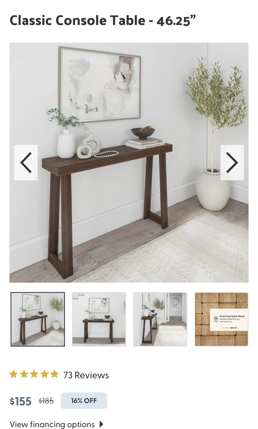 Plank+Beam Solid Wood Console Table, 46.25 Inch