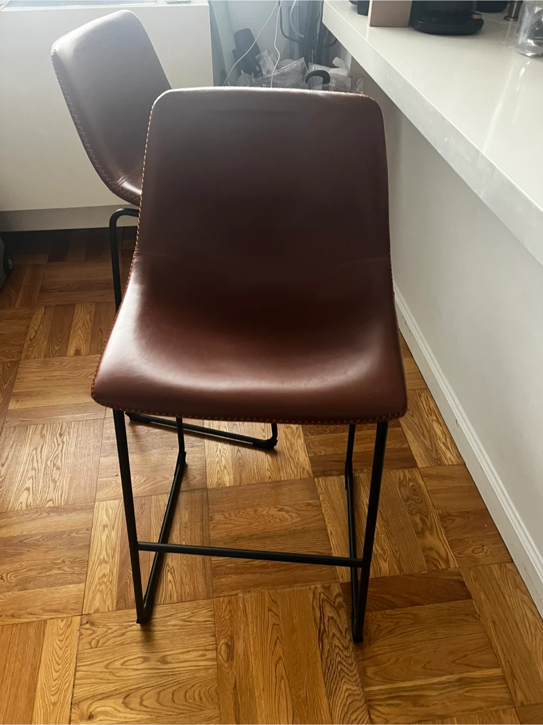 Brown Leather Bar Stools - Set of 2