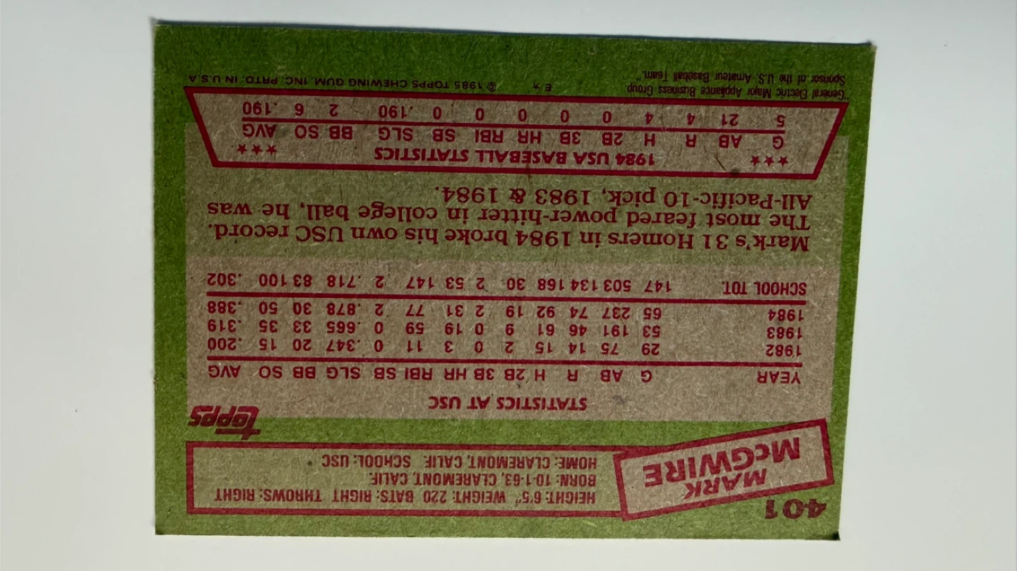 1984 USA Baseball Team Mark McGwire Topps Card - photo 2