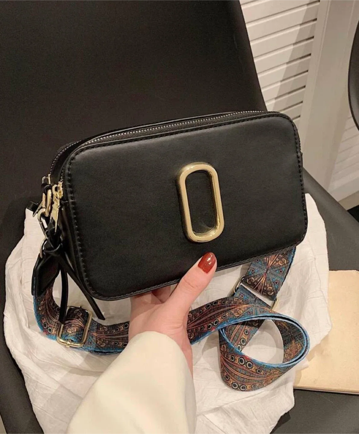 Black Camera Bag with Patterned Strap thumbnail