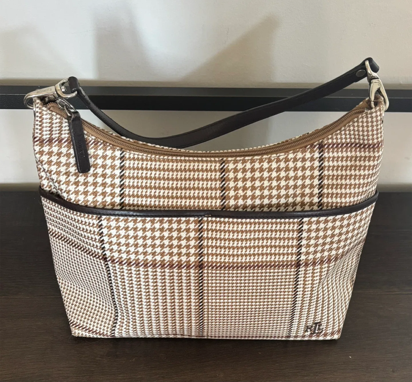 Ralph Lauren camel tan brown houndstooth check purse image indicator(2)