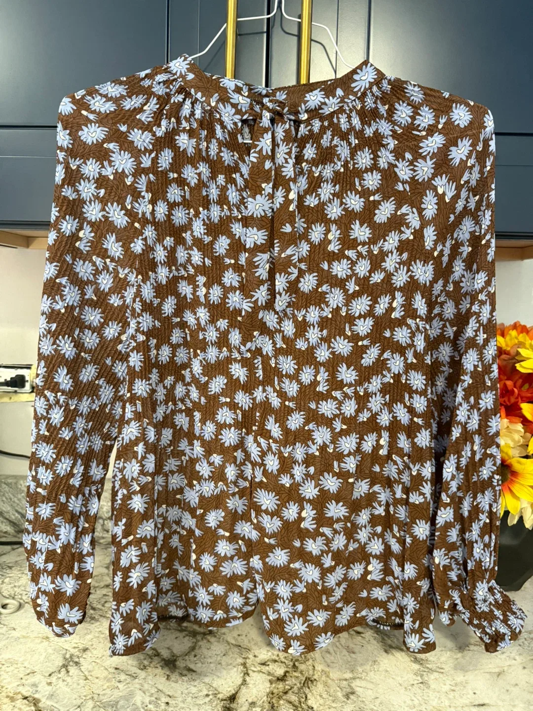Brown Floral Print Long Sleeve Blouse size M -L thumbnail