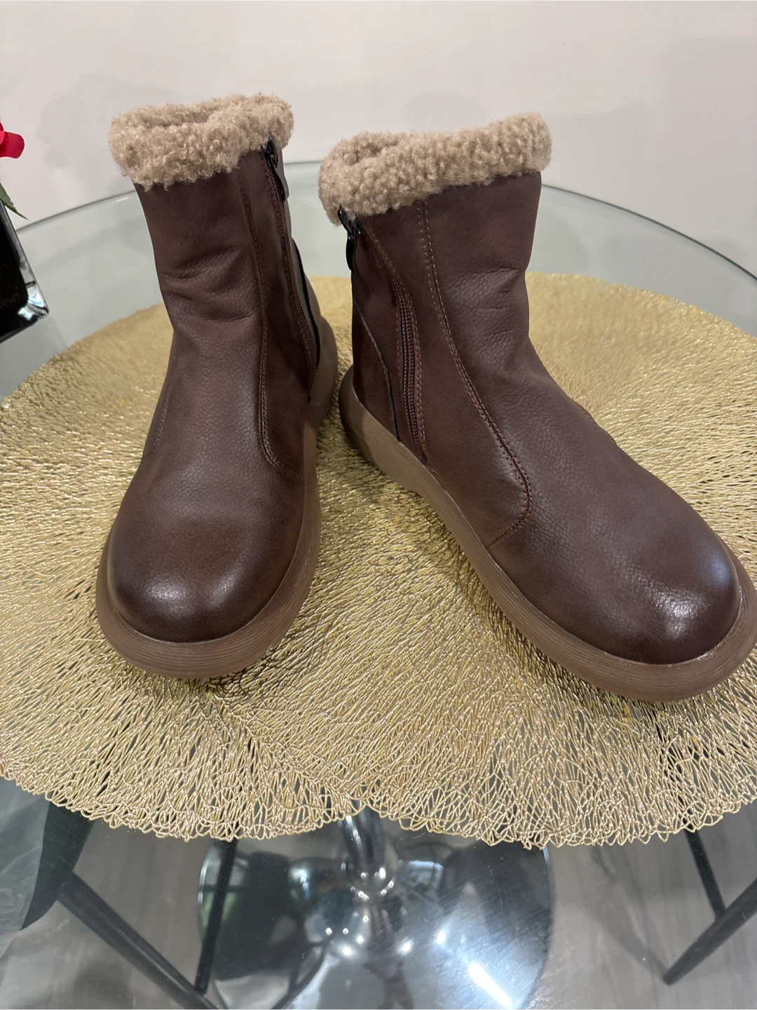 Brand New Brown Leather & Faux Fur Winter Boots