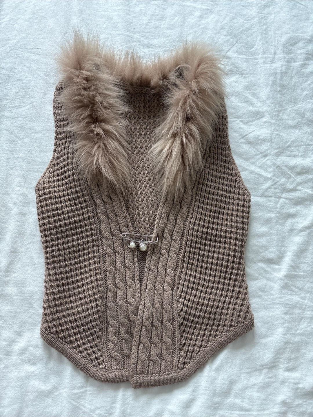Brown Knit Vest with Fur Collar