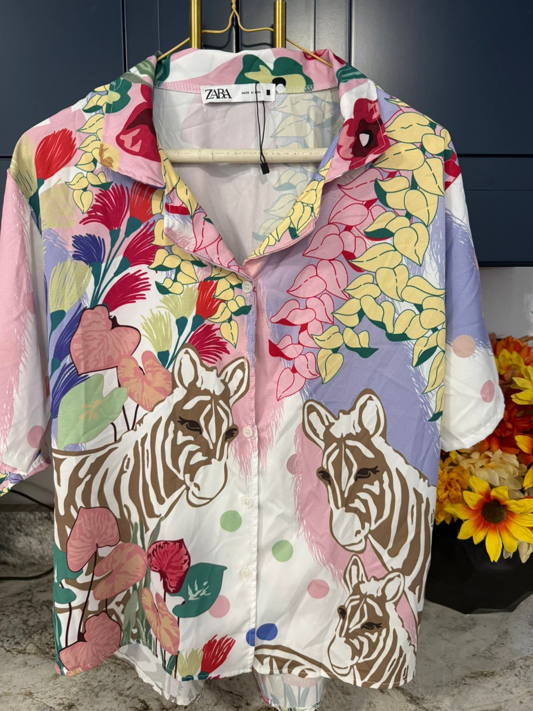 Zara Floral Zebra Print Shirt & Shorts Set size M like new - photo 2