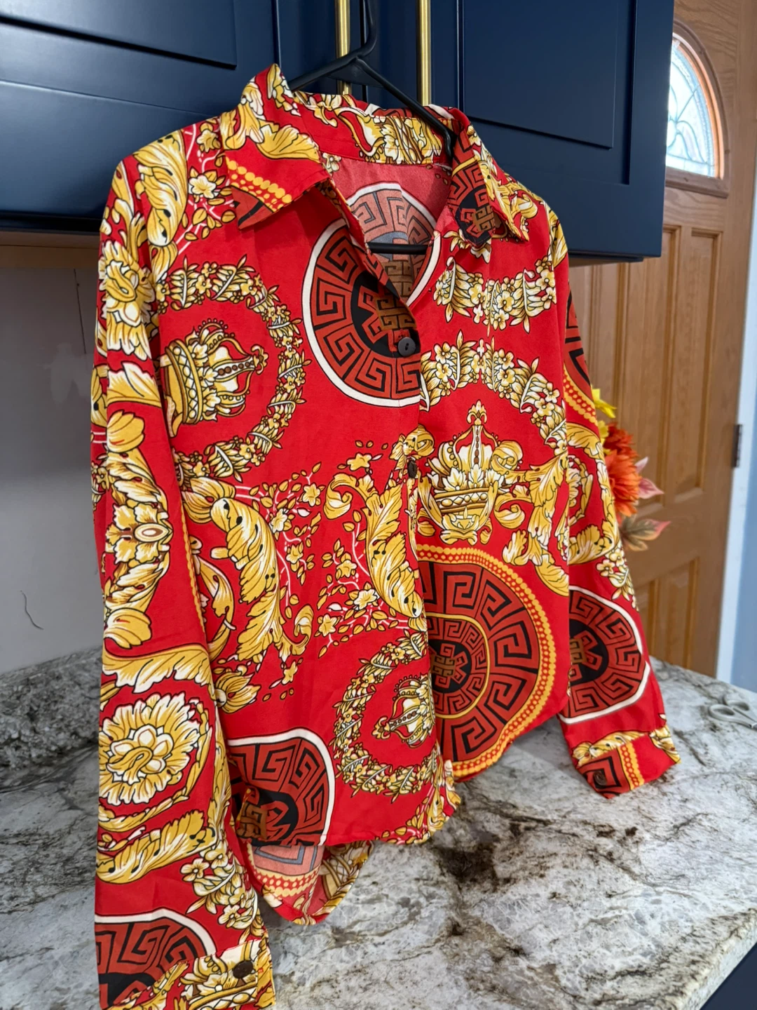 Red & Gold Patterned Button-Down Shirt size S ( like new ) - photo 2