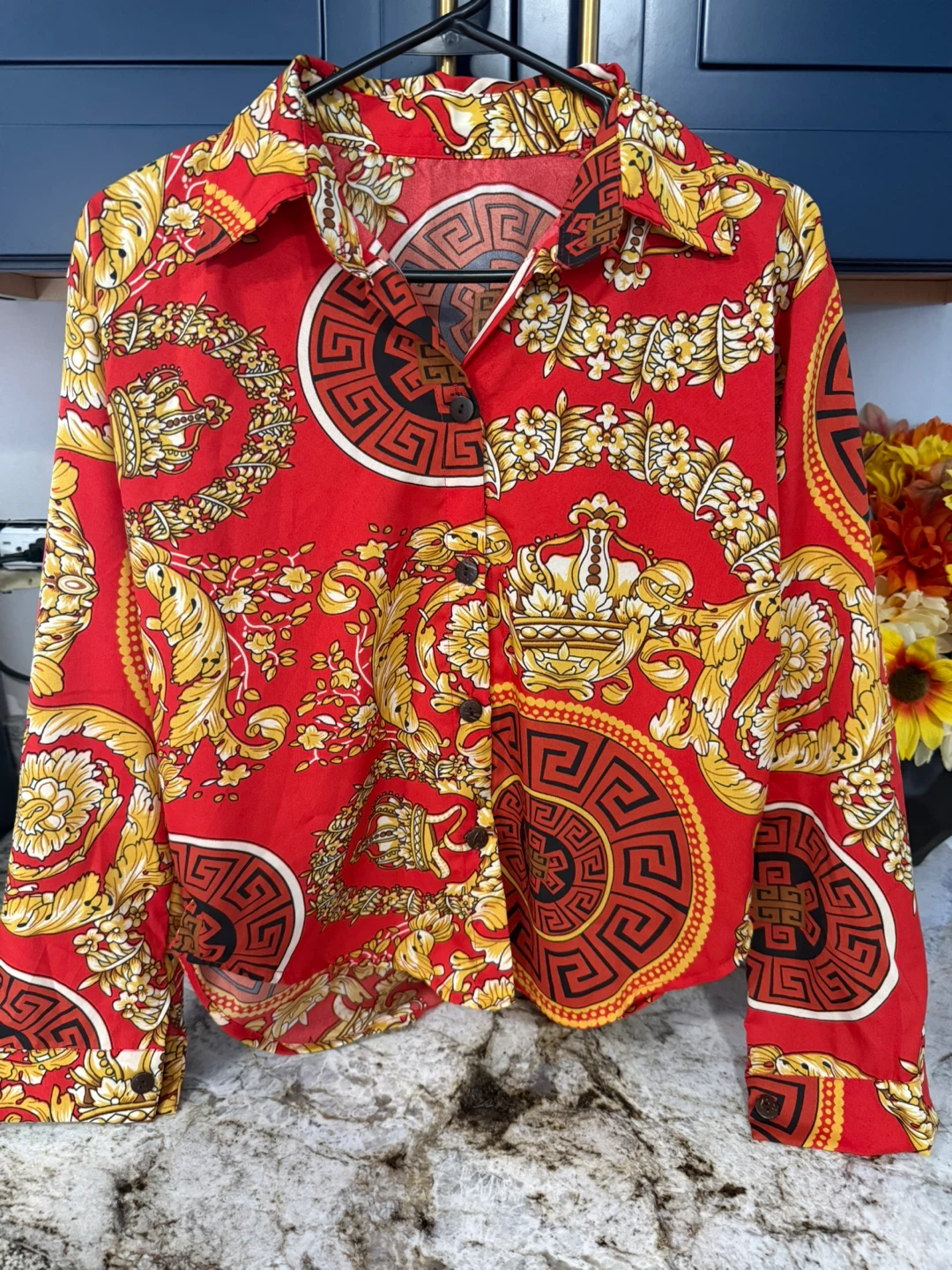 Red & Gold Patterned Button-Down Shirt size S ( like new )