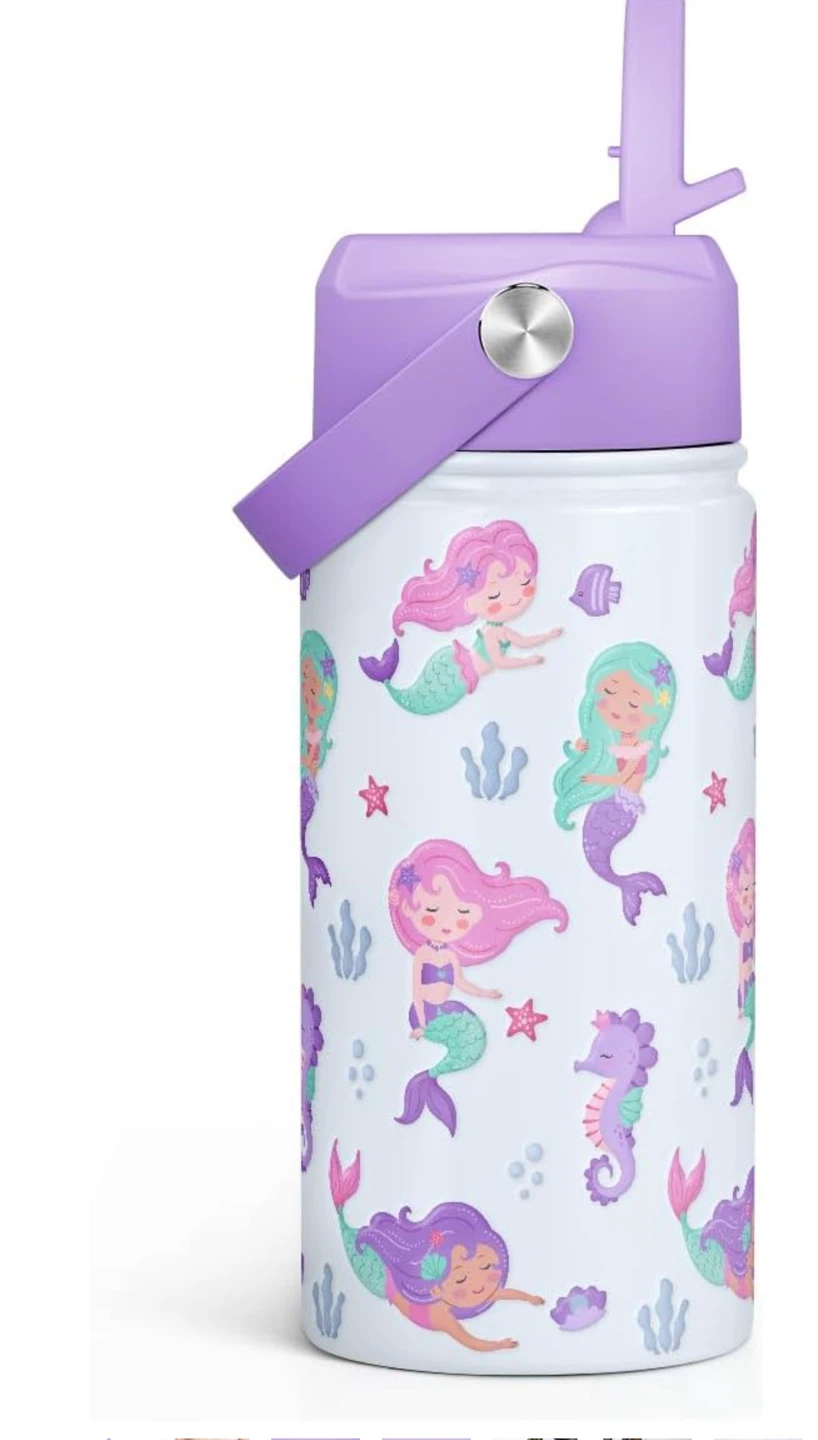 Mermaid Patterned Water Bottle with Straw
