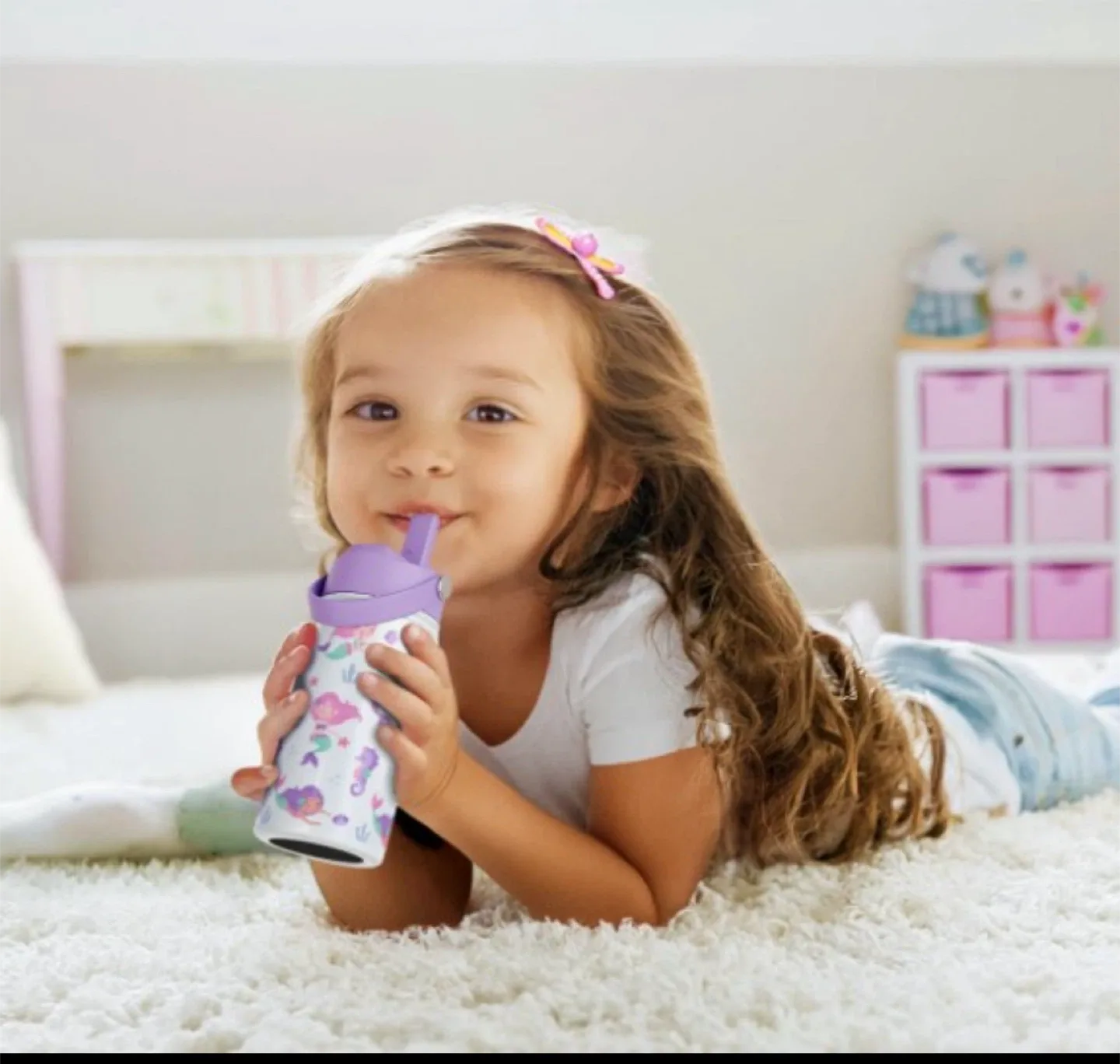 Mermaid Patterned Water Bottle with Straw image indicator(5)