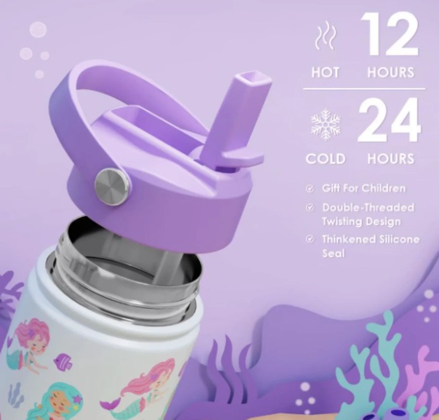 Mermaid Patterned Water Bottle with Straw image indicator(8)