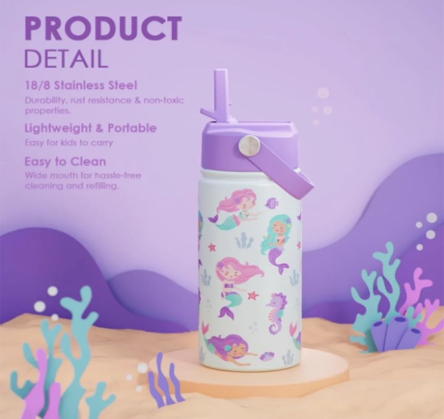 Mermaid Patterned Water Bottle with Straw image indicator(9)