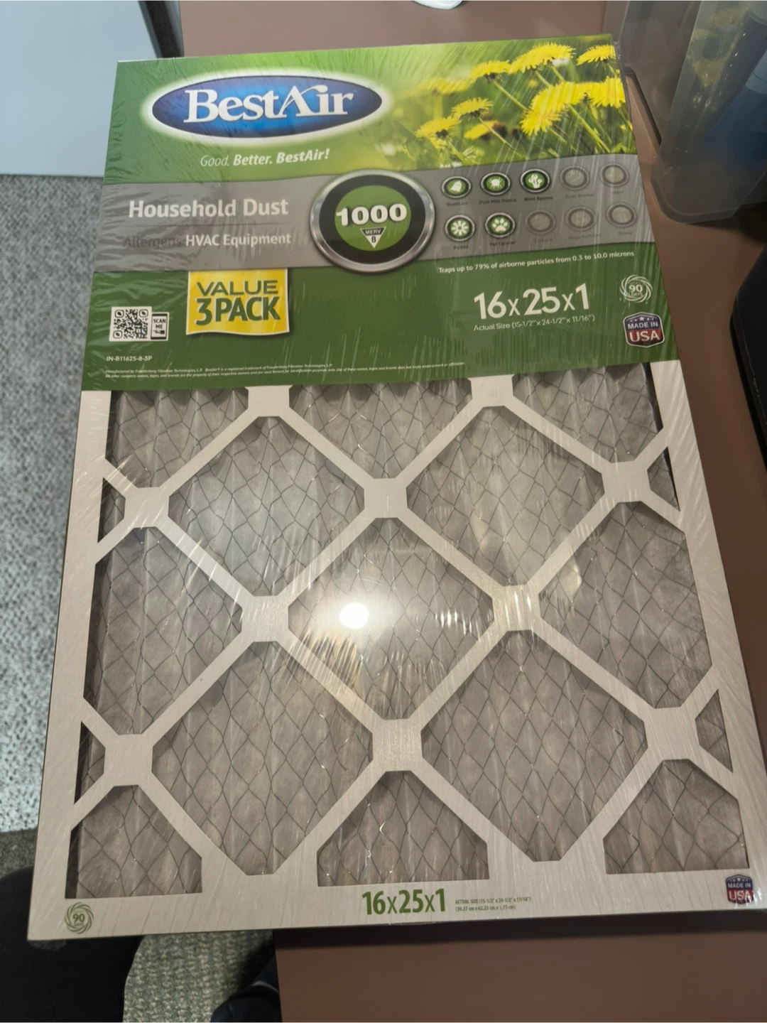 BestAir 16x25x1 Household Dust Air Filter - 3 Pack