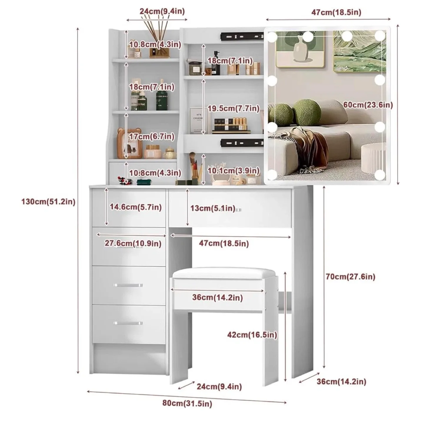 Vanity Makeup Table with Lighted Mirror & Stool image indicator(2)