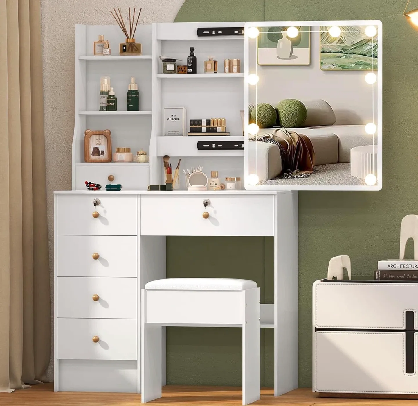 Vanity Makeup Table with Lighted Mirror & Stool image indicator(3)