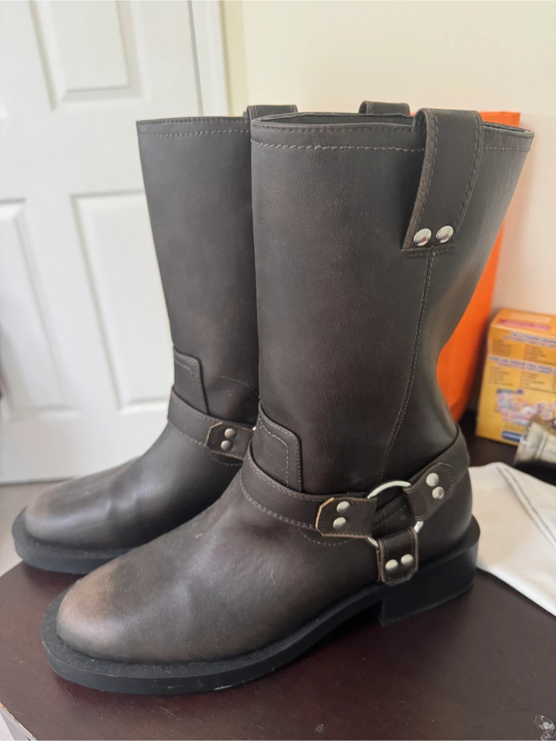 Zara Brown Leather Biker Boots Size 40
