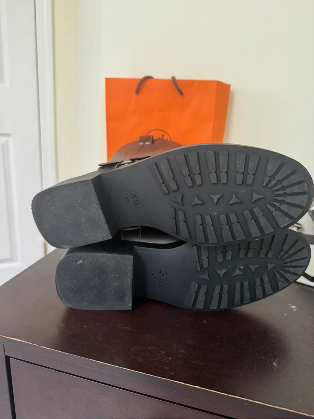 Zara Brown Leather Biker Boots Size 40 image indicator(4)