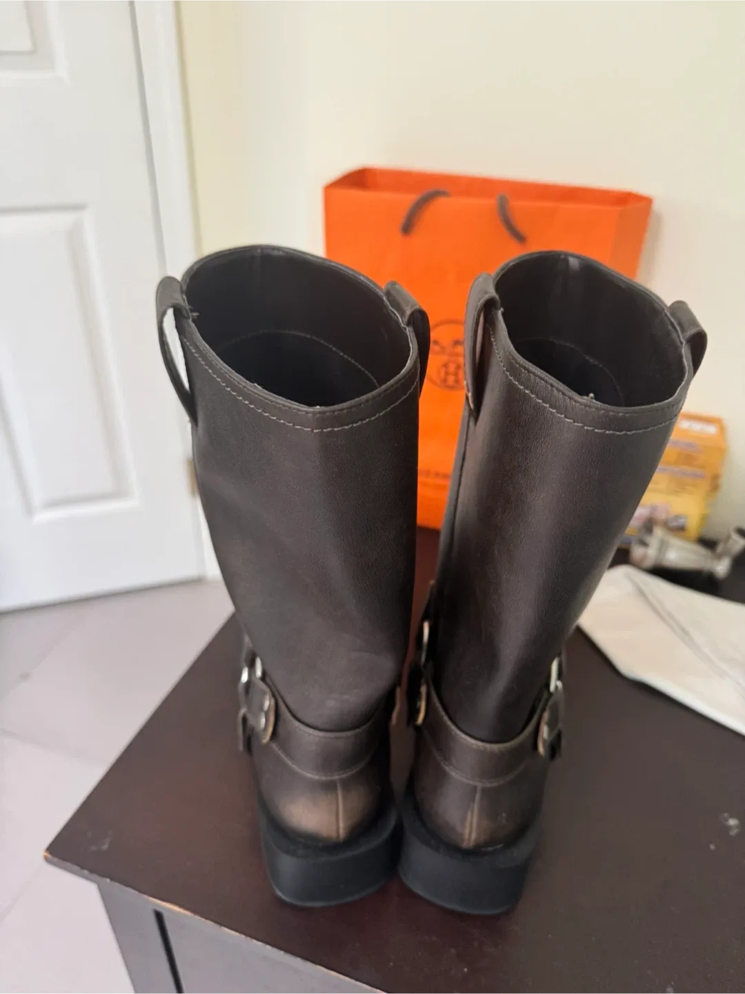 Zara Brown Leather Biker Boots Size 40 image indicator(3)