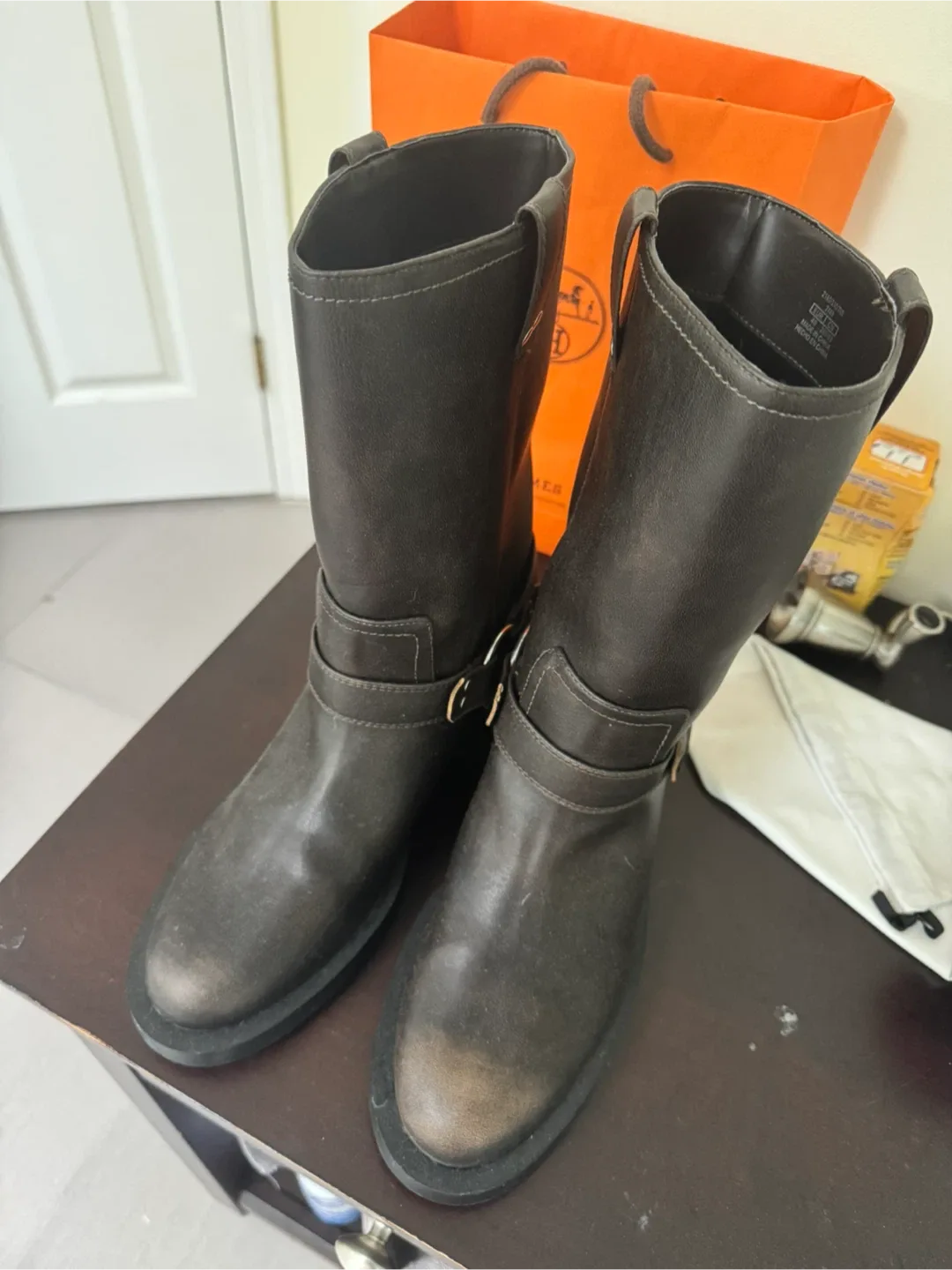Zara Brown Leather Biker Boots Size 40 image indicator(2)
